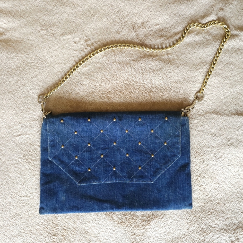 Jo’s Designs Vintage Handmade Fabric Chain Strap Denim Blue Studded Flap Sna…